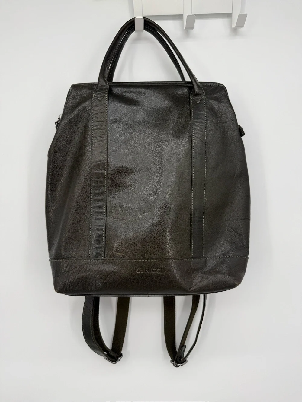 Genicci Olive Leather Structured Backpack Tote Travel Bag Unisex Business India